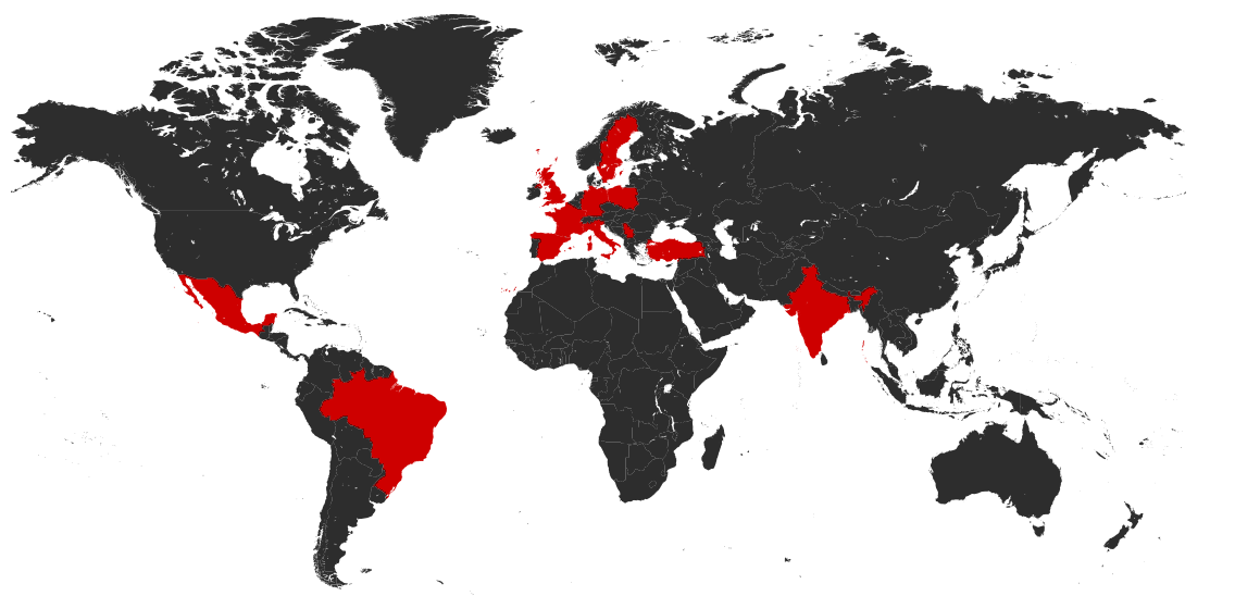 Operiamo in Italia, Francia, Inghilterra, Germania, Polonia, Turchia, India, Brasile, Messico, Spagna, Svezia, Serbia